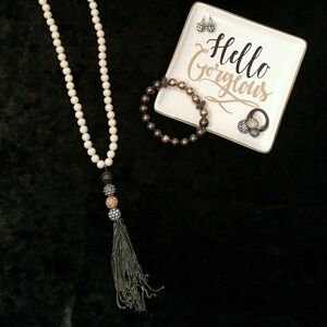 Stella and Dot Ivory Beaded Long Necklace Black & Gold Rhinestone Tassel Details